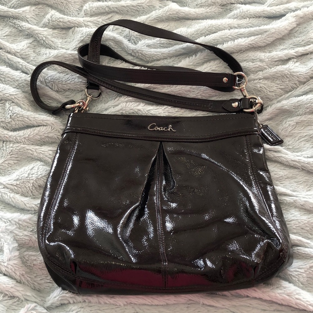 Coach black/dark brown patent leather crossbody. NWOT.